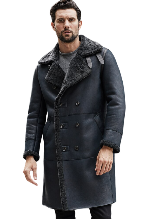 Mens Dark Blue Long Shearling Coat Lapel Double Breasted Thickened Winter Genuine Leather Jacket Real Overcoat