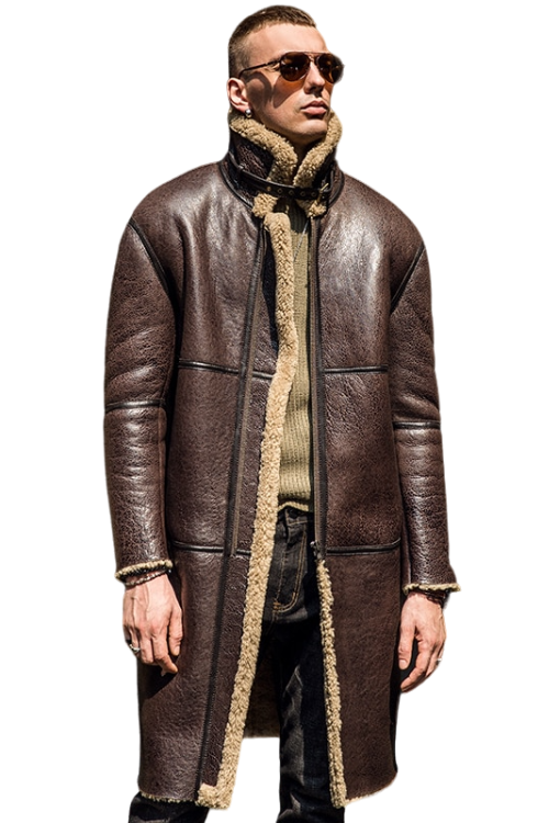 Thickened Long-style Leather Mens Shearling Coat Winter Genuine Leather Windbreaker Jacket Men