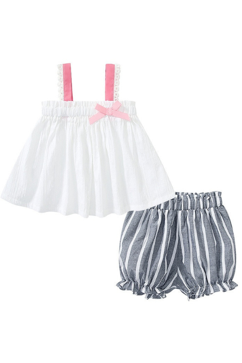 Summer Children Clothing Baby Girl Clothes Kids Suspender Dress Bow-knot Tops Stripe Shorts Two Piece Set Outing Infant Sets