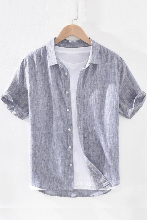 Pure Linen Short Sleeve Shirt for Men Summer Tops Male Solid  Vintage Slim Fit Hemp Shirt