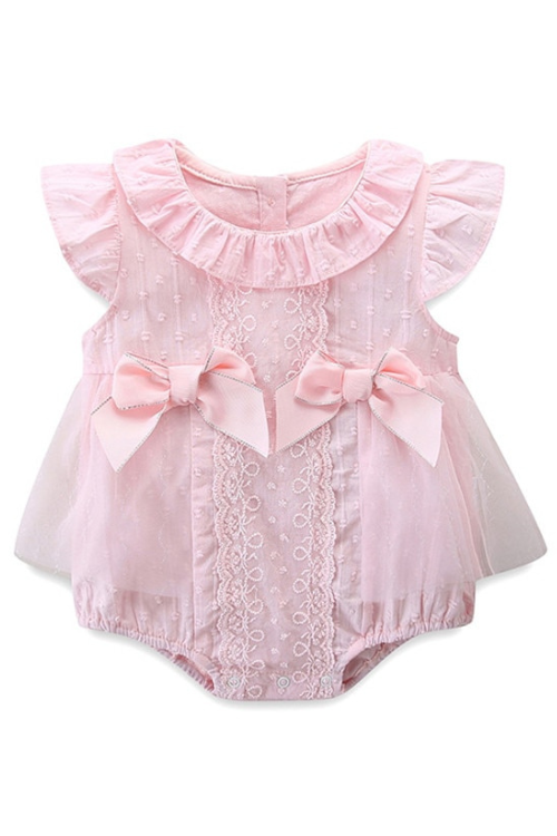 Newborn Summer Baby Bodysuit Embroidery Lace Infant Baby Girl Bodysuit Dress with 2 Bows White Pink