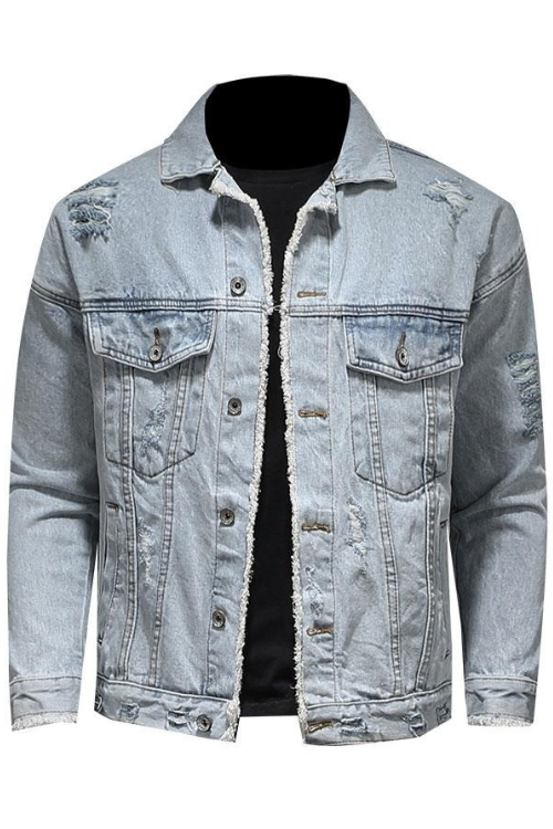 Men's Loose Hole Denim Jacket Lapel Long Sleeves Casual Men's Denim Jacket Locomotive Light Blue Denim Jacket Men