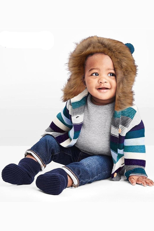 Manteau pour enfants, pull pour garçon et fille, rayé, à capuche en fourrure, tricoté chaud, Cardigans pour bébés de 0 à 3 ans