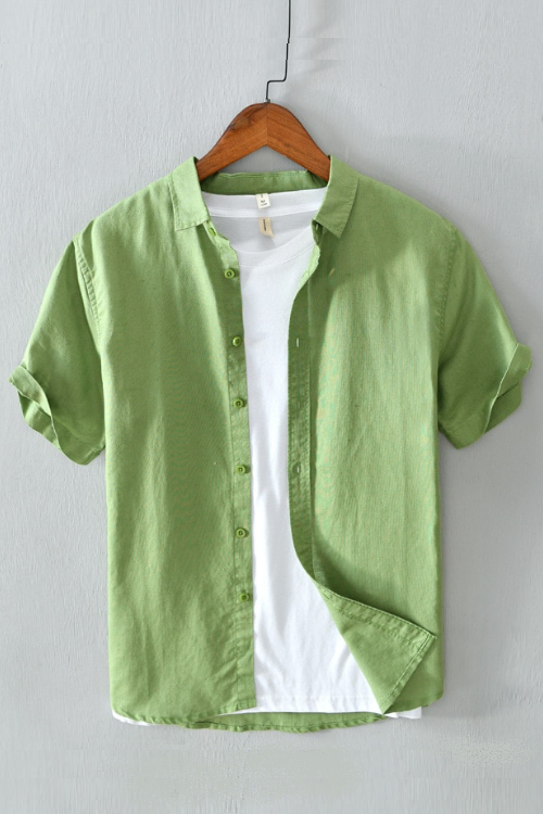 Linen Shirts Men Casual Short Sleeve Green Turn Down Collar Tops Man Summer Vacation Men's Clothing