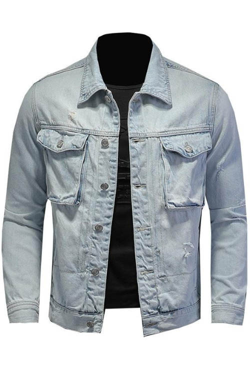 New Spring Bomber Light Blue Ripped Denim Jacket For Men Tattered Jean Coats Motorcycle Casual Outwear Clothing Overcoat Outwear