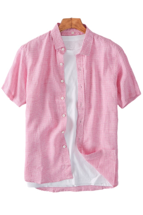 Plaid Short Sleeve Shirts for Men Turn-down Collar Casual Tops Summer New Linen Basic Pink Slim Fit Male Clothing