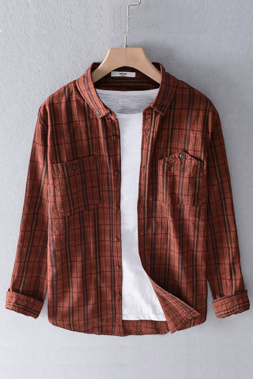 Long Sleeve Plaid Shirt For Men Autumn New 100%Cotton Red Turn-down Collar Casual Male All-match Clothing