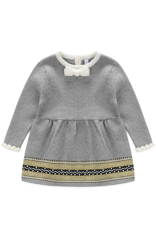 Spring and Autumn Kids Clothing Baby Girl Gray Cotton Knitting Dress Infant Bow Dress Long Sleeves Outing Children Clothes