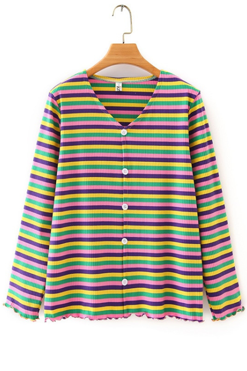 Women Knitted Cardigan V-neck Stripe Long-sleeved Comfort Spring Autumn t shirts