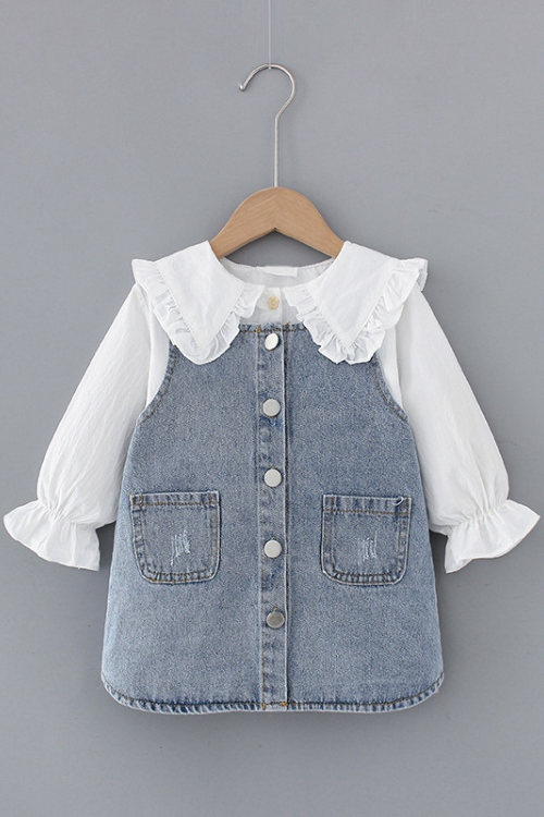 Baby Girls Peter Pan Collar Long Sleeve Shirt+Denim Dress Suspender Strap Suit Spring Children Two-Piece Set