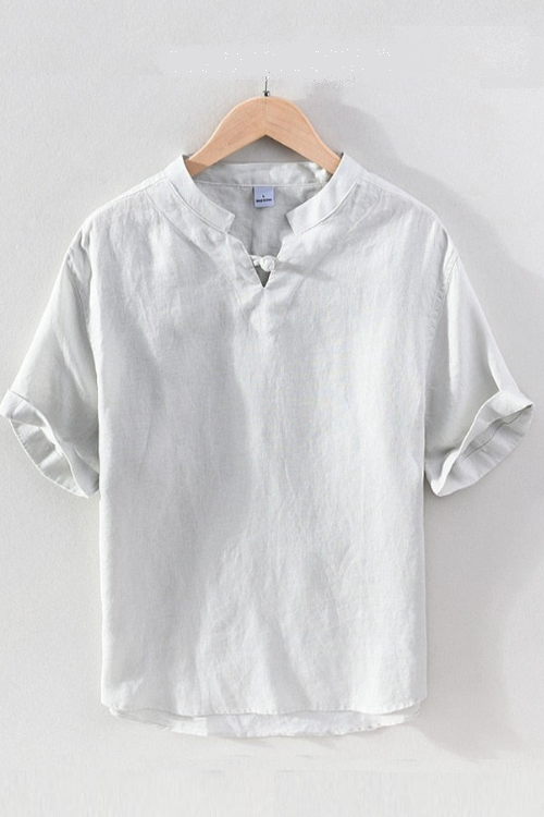 Linen Pullover Shirt for Men Summer New Short Sleeve Tops Male Solid White Mandarin Collar