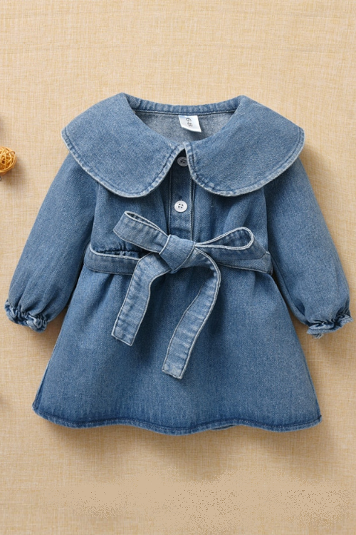 Toddler Girl Clothing Spring Denim Dresses Big Turn-down collar sashes Girl Dress Kids Clothes For Girls 6M-24M