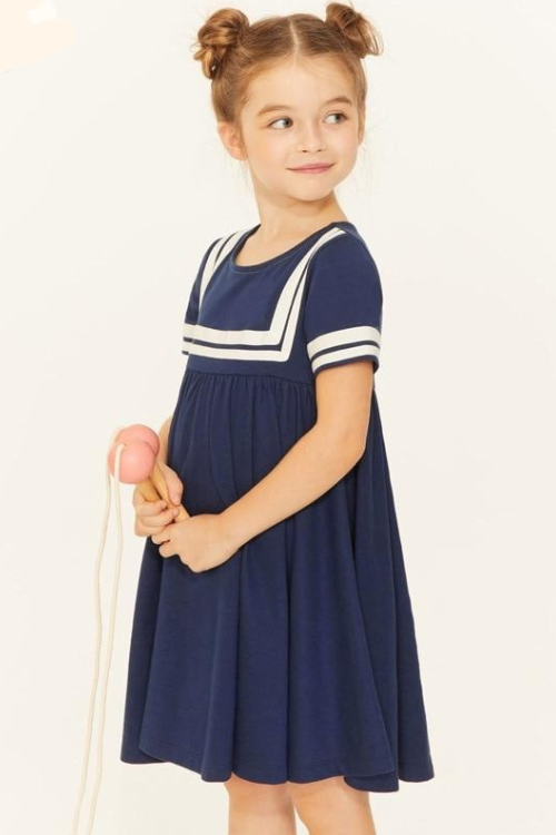 Frocks for Girls Summer Baby Girl Children Clothes Cotton Navy Blue School Draped Dresses for Kids 2-7 Years