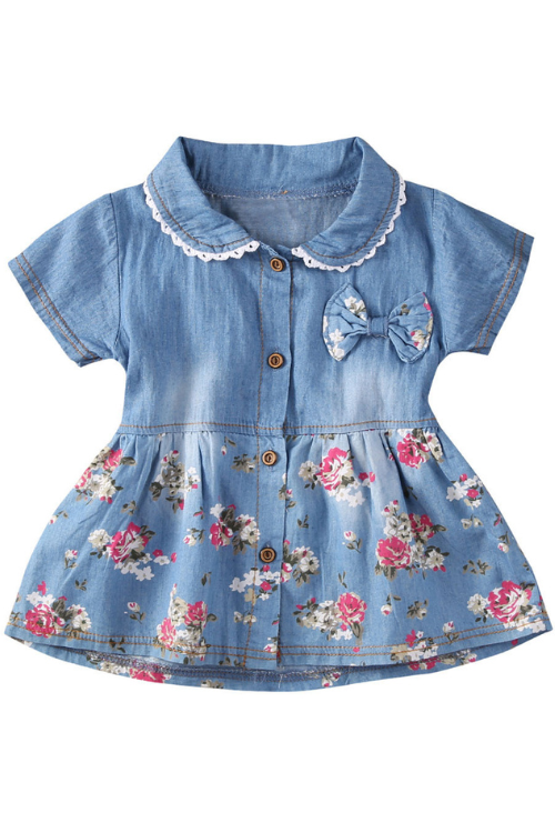 Robe de princesse en Denim pour petites filles, tenue d'été, motif Floral, avec nœud papillon, manches courtes, tenue d'été