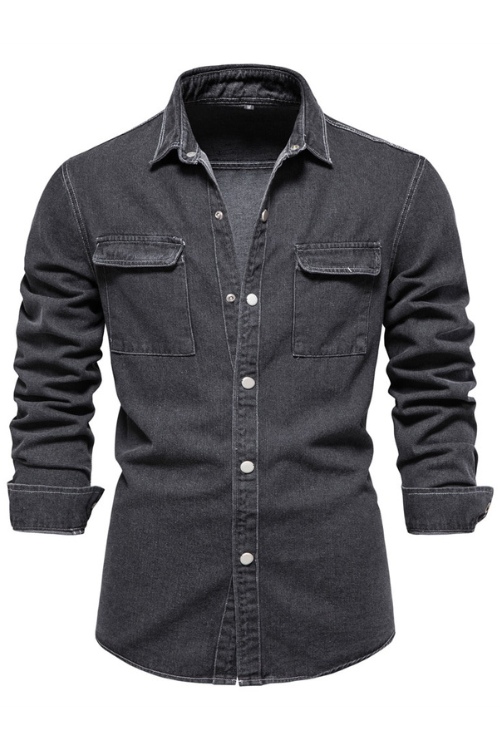 Men Denim Shirts Solid Color Double Pocket Casual Long Sleeve Shirts for Men Autumn Thick Cowboy Shirts Men