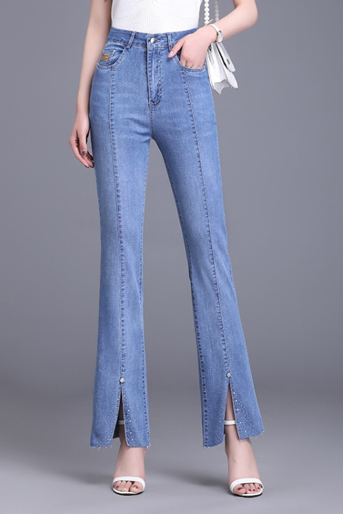 Women Summer New Front Slit Micro-Flare Jeans Are Tall And Thin Light Blue Wide-Leg Casual Pants