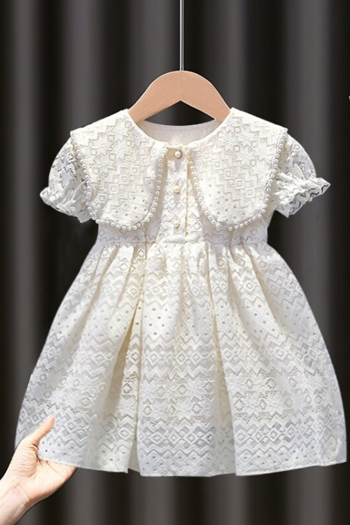 Girls Dress Summer Peter Pan Collar Children Lace Dress Kids Princess Clothes Embroidery Outfits with Pearls 2-6Y