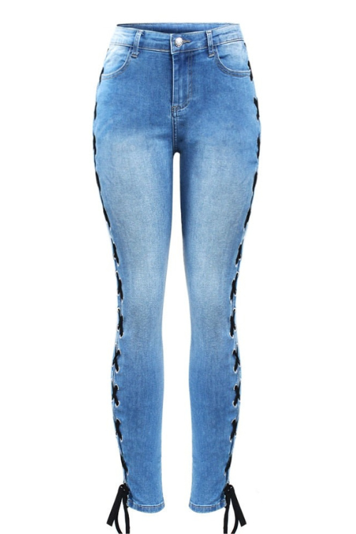 Side Split Bandage Jeans Women`s Stretchy Denim Pants Trousers Jeans For Women