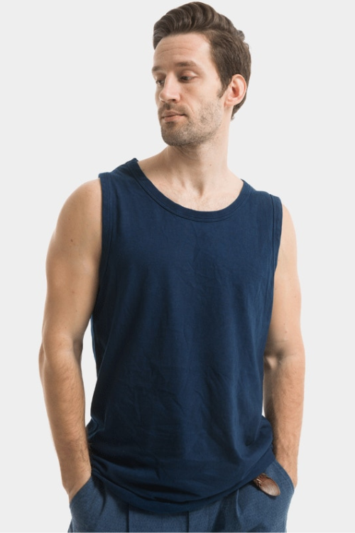 Retro Indigo Vest Men Handmade Plant Blue Dyeing Tank Tops O-Neck Sleeveless Tees Casual Streetwear