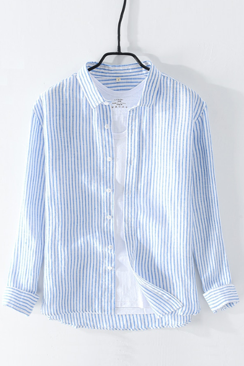 Long Sleeve Shirt for Men Casual Striped Turn-down Collar Tops 100% Linen Regular Clothing