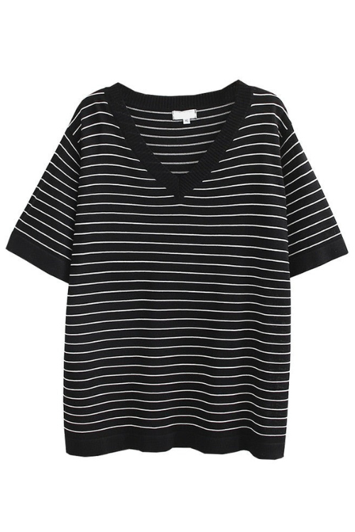 Womens Clothing T-Shirts Summer Tees Casual Short Sleeve V Neck Striped Ice Knitting Tops