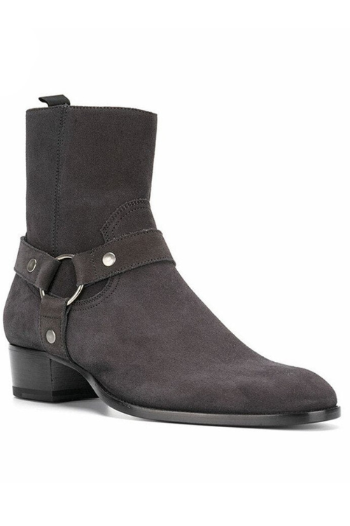 Handmade Dark Gray Suede Leather wedge Harness Boots High Top Pointed Toe Men Chelsea Boots