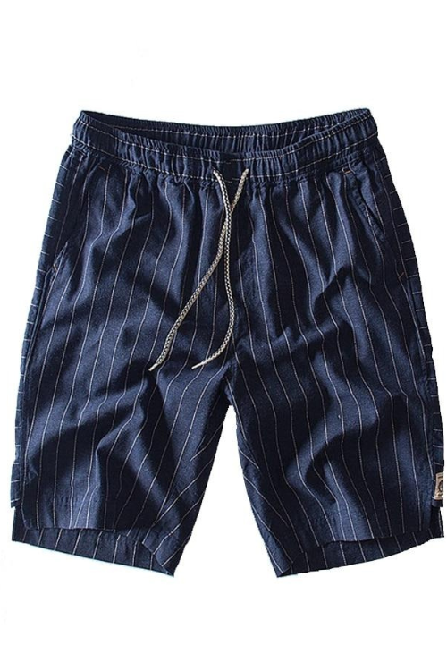 Nouvelle arrivée rayé shorts hommes été tendance 100% coton lin shorts longueur genou droite élastique mâle shorts