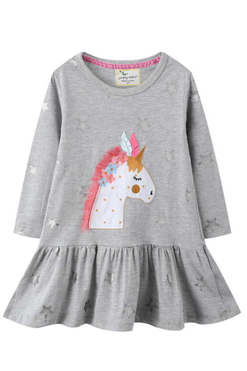 Robe d'automne en coton pour petites filles de 2 à 7 ans, frocs avec des appliques de licorne et d'étoiles, vêtements pour enfants en bas âge