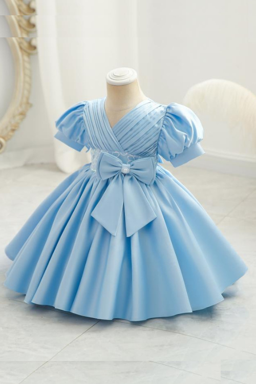 Kids Flower Girl Dress for Weddings Infant Bowknot Ruched Ball Gowns Baby Girls 1st Birthday Ceremonial Pageant Party