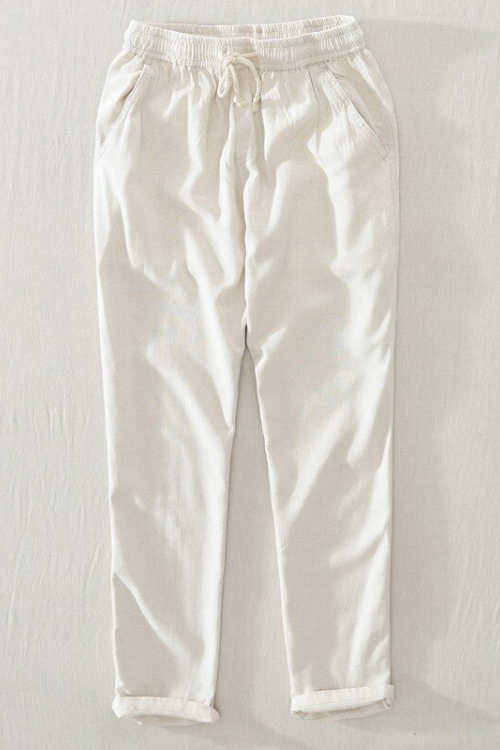 Summer Men Solid Simple Casual Thin Natural Cotton Linen Pants Elastic Waist Drawstring White Beach Trousers