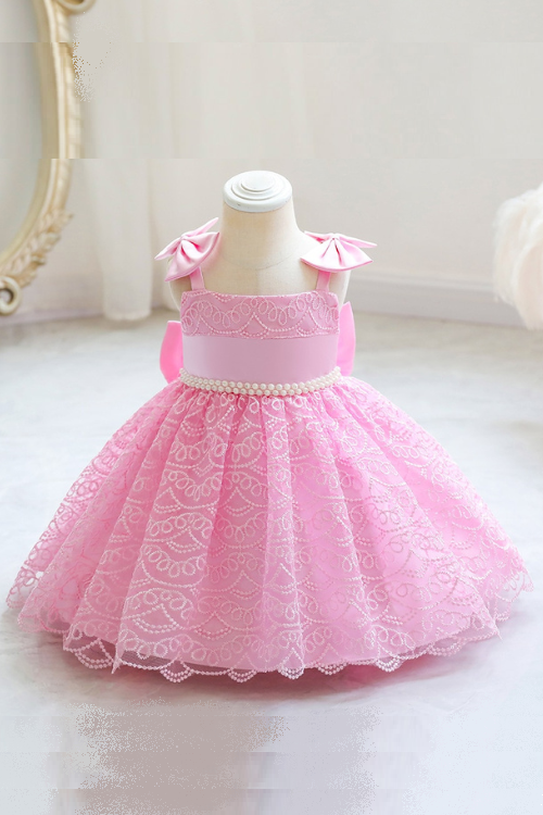 Flower Girl Dress for Weddings Party Kids Sleeveless Beading Ball Gowns with Big Bow Children Girls Elegant Cute Formal Costumes