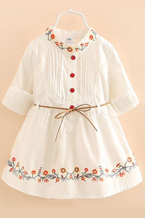 Robe de princesse blanche élégante pour filles de 3 à 12 ans, broderie florale, manches longues et courtes, Double usage, avec ceinture, printemps-automne