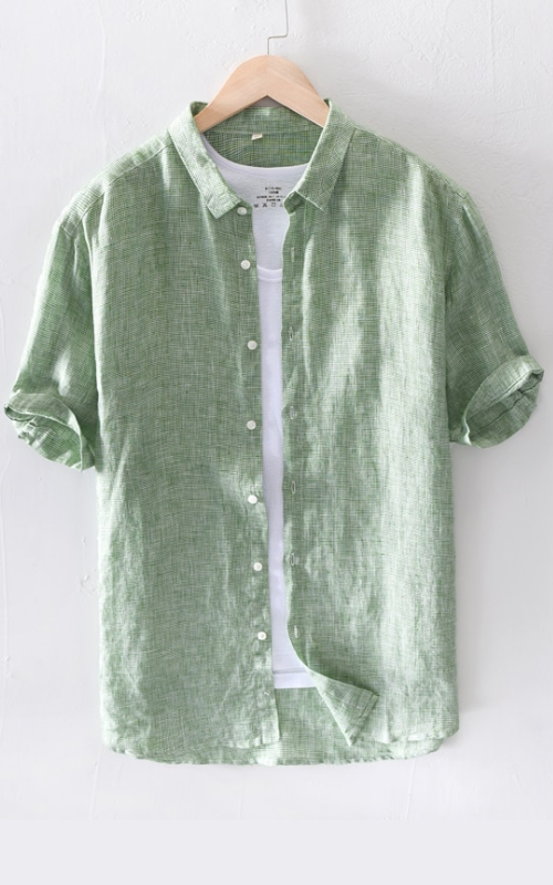 Linen Men Short Sleeve Shirts Casual Green Pink Plaid Shirt Turn-down Collar Man Summer