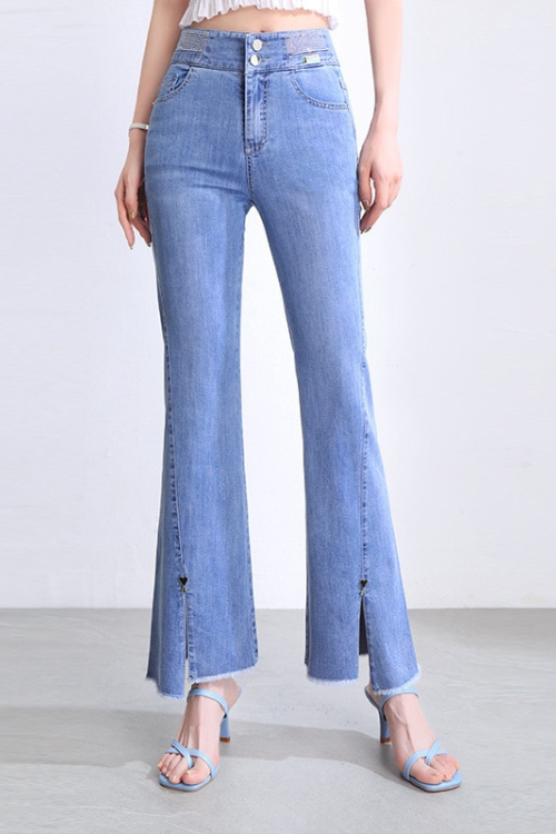 Womens Summer Front Slit Micro-Flare Ankle-Length Jeans High-Waisted High-End Pendant Straight Casual