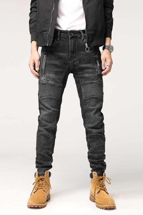 Men Autumn and Winter High Quality Mid Rise Small Feet Jeans Elastic Slim Straight Motorcycle Pants