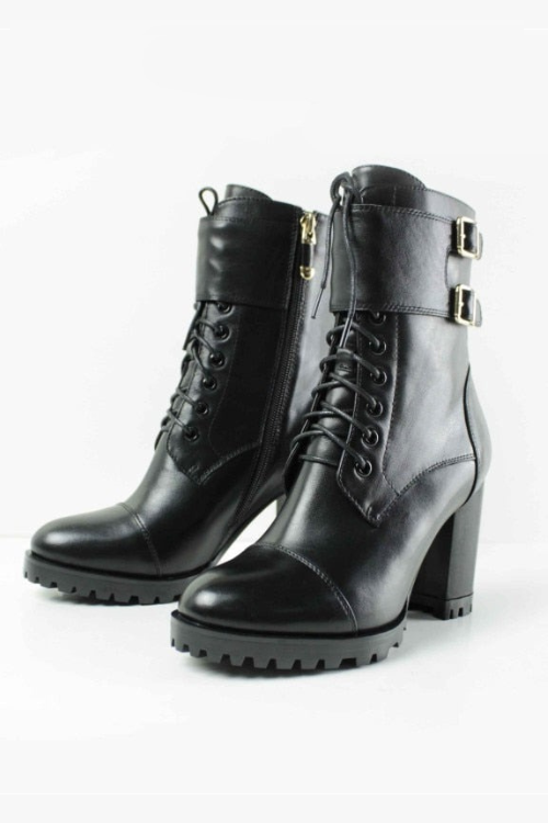 Ladies High Heel Boots Ankle Genuine Leather Shoes Women Lace-up Black Handmade