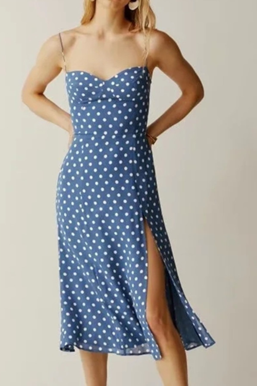 Elegant Party Midi Dress Women France Style Indie Folk Blue Polka Dot Sexy Summer Suspender Dress