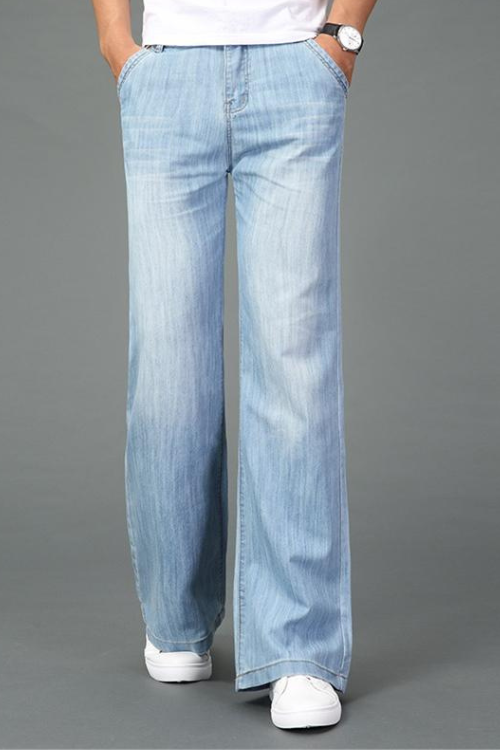 Men Summer Thin Wide Leg Jeans Light Blue Big Straight Long Pants Boot-Cut Casual Business Trousers