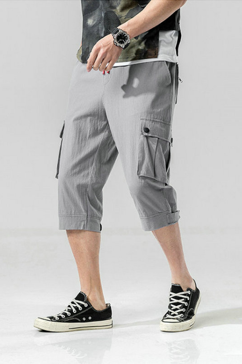 Summer Mens Camo Cargo Pants Cotton Military Mens Summer Casual Pocket Solid Drawstring Calf-Length Pants Trousers