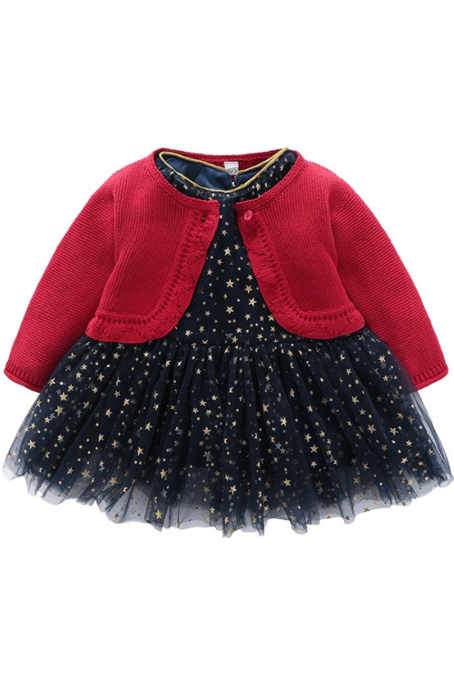 Spring and Autumn Kids Clothing Baby Girl Sets Infant Red Knitting Cardigan Star Mesh Dress Suit Outing Children Clothes