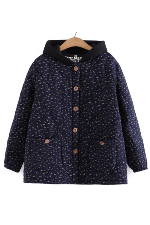 Women Parka Floral Thick Warm Hooded Medium-Length Cotton Jacket Winter Warm Clothing