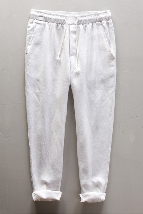 Men's Summer Casual Pants Natural Pure Linen Trousers Solid Color Elastic Waist Straight Pants