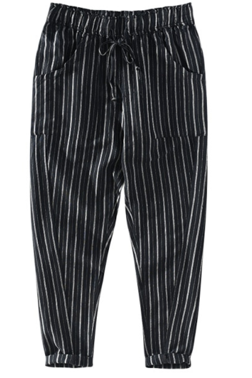 Summer Casual Stripe Pants for Men Cotton Linen Slim Fit Fashion Drawstring  Trousers Male Brand Clothing