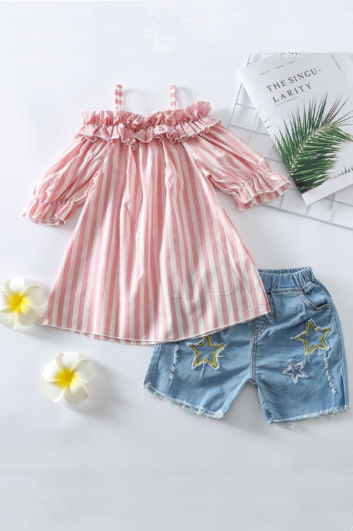 Summer 2pcs Kids Girls Clothes Sets 1-5Y Striped Off Shoulder Short Sleeve T Shirts Tops Denim Hole Shorts