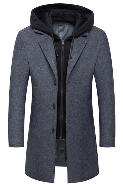 Men wool jackets long solid detachable hooded overcoat warm luxurious woolen blend zipper clothing