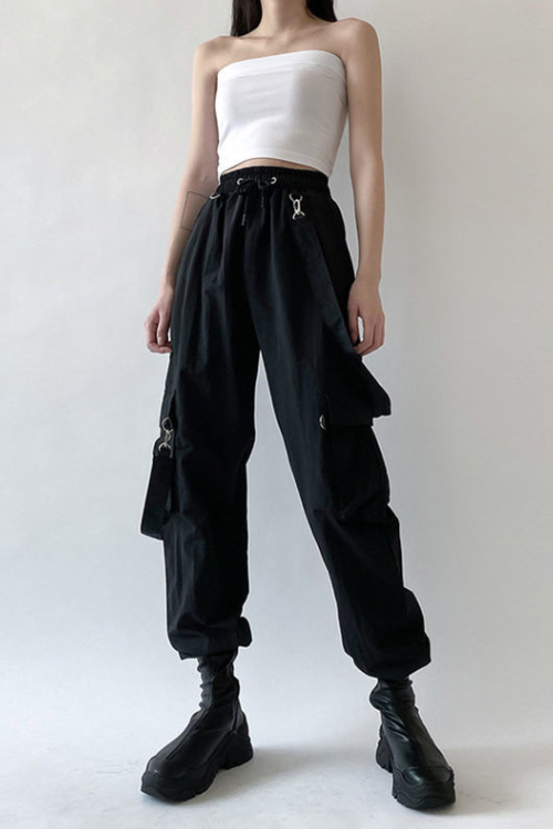 Women Cargo Pants Black Detachable Strap Trousers Female Elastic Waist Streetwear Pants Women Casual Pants