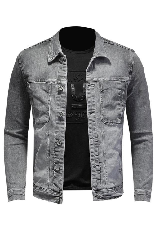 American Spring Bomber Light Grey Denim Jacket Men Jean Coats Motorcycle Cotton Turndown Collar Slim Casual Outwear Clothing