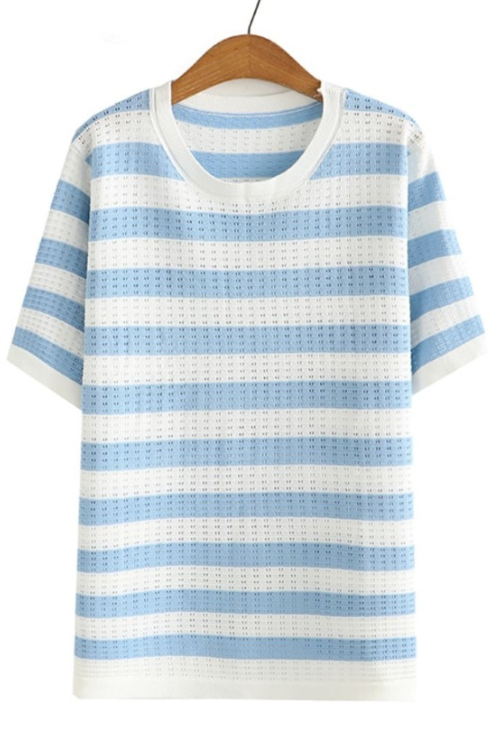 Tee For Women Clothing Hollow Out Tops Sweet Stripe Short Sleeve Thin Ice Silk Knitting Tee