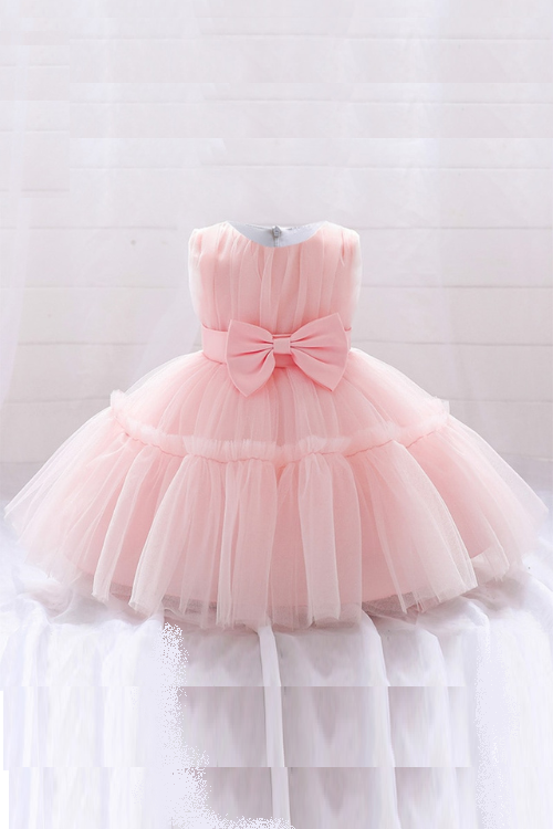 Wedding Party Baptism Prom Kids Clothes Pink White Toddler Lace Bow Dress Baby Girls Christening