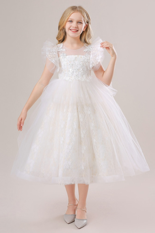 Girls Princess Bridesmaid Dress For Wedding Lace Flower Appliques Ball Gown Kids White Clothes Elegant Party Costumes